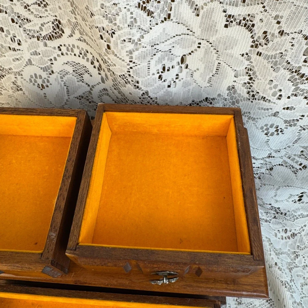 Vintage Wood Jewelry Music Box Miniature Dresser 4 Drawer Orange Lining Brown